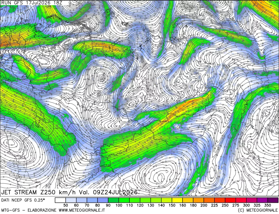 mappa 250 hPa Jet stream