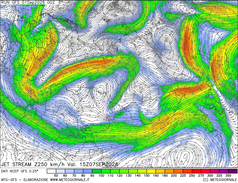 mappa 250 hPa Jet stream