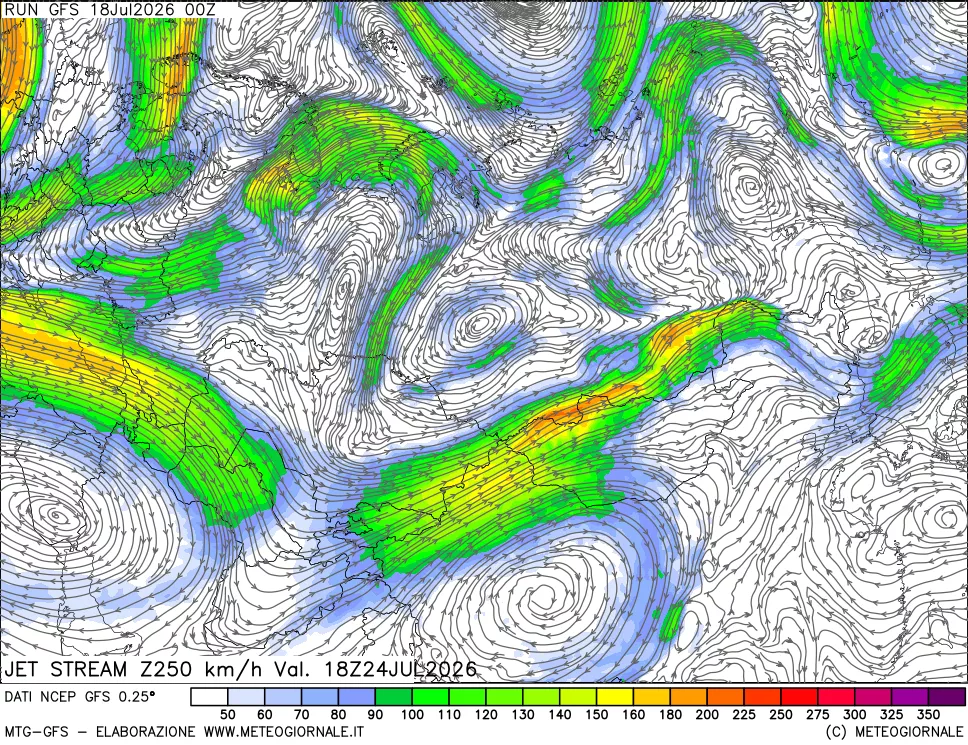 mappa 250 hPa Jet stream