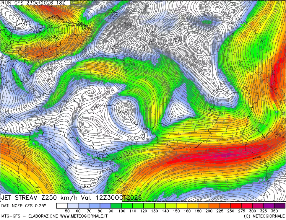 mappa 250 hPa Jet stream