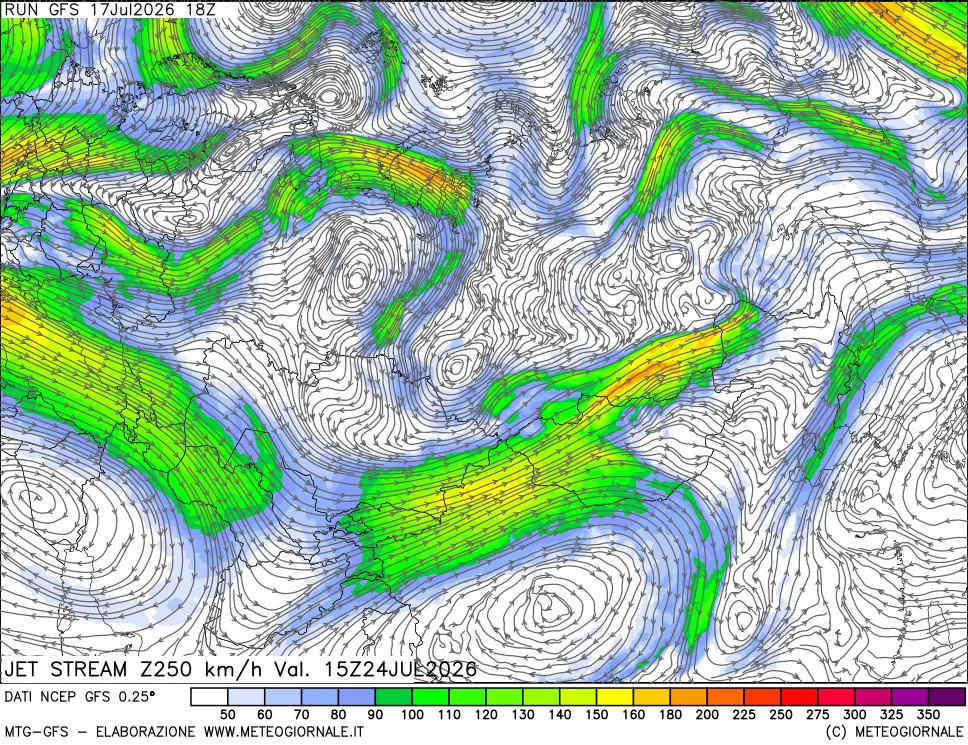 mappa 250 hPa Jet stream