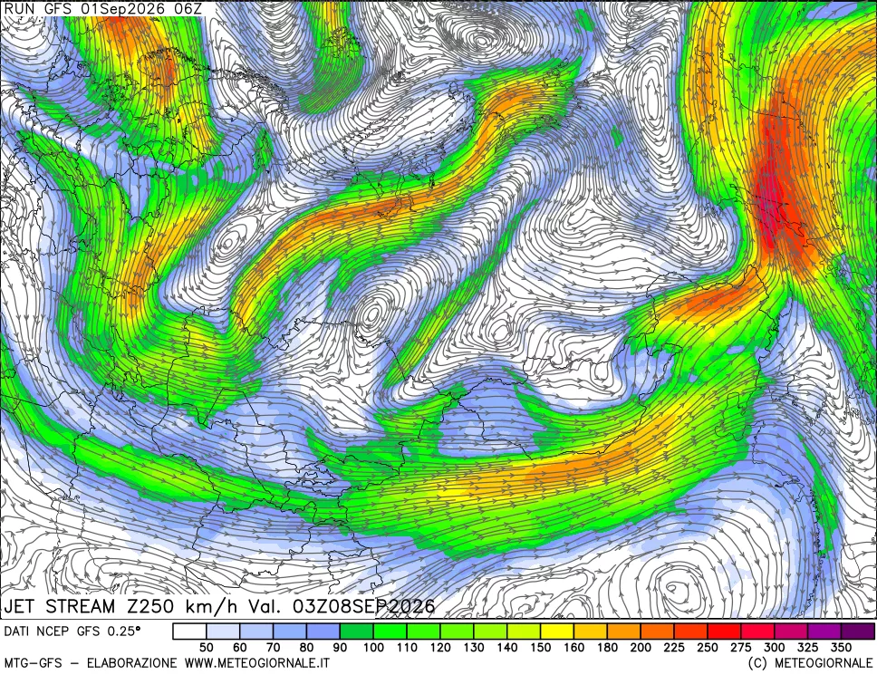 mappa 250 hPa Jet stream