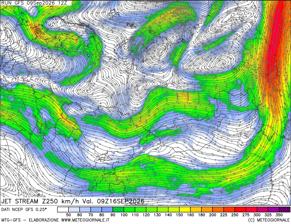 mappa 250 hPa Jet stream