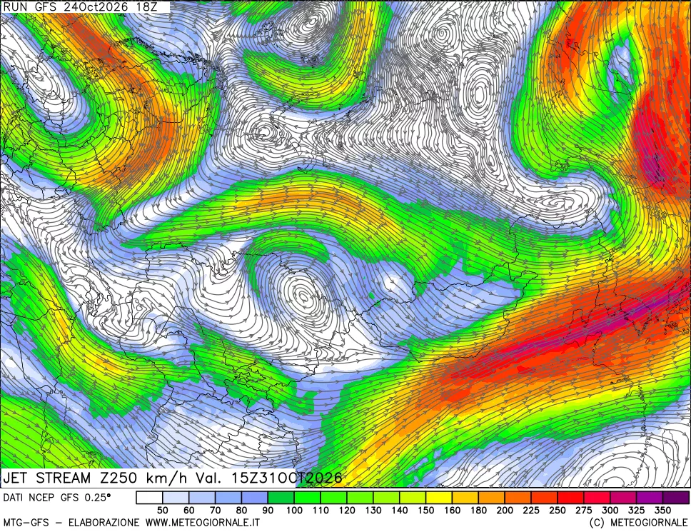 mappa 250 hPa Jet stream