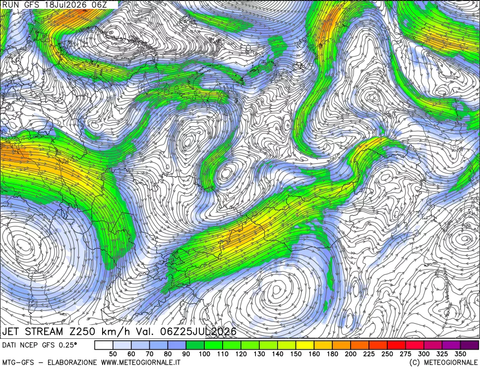mappa 250 hPa Jet stream