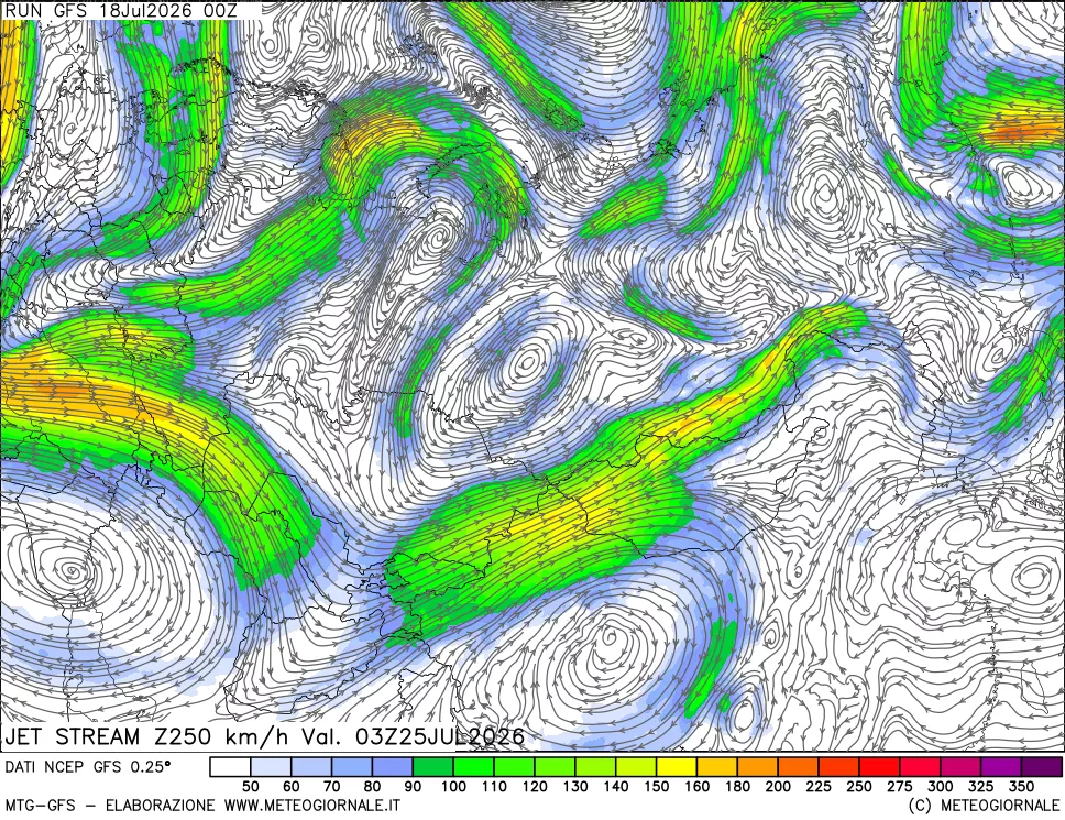 mappa 250 hPa Jet stream