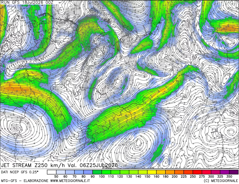 mappa 250 hPa Jet stream