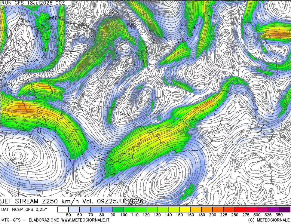mappa 250 hPa Jet stream