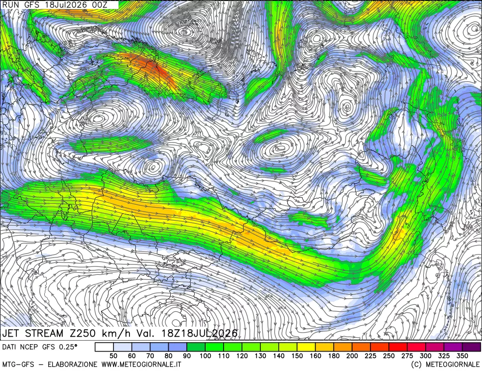 mappa 250 hPa Jet stream