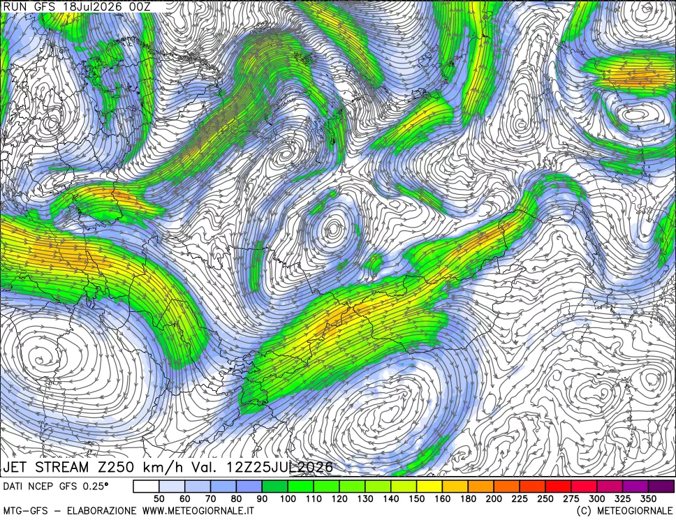 mappa 250 hPa Jet stream