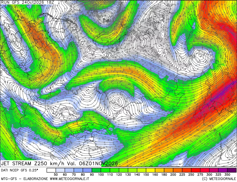 mappa 250 hPa Jet stream