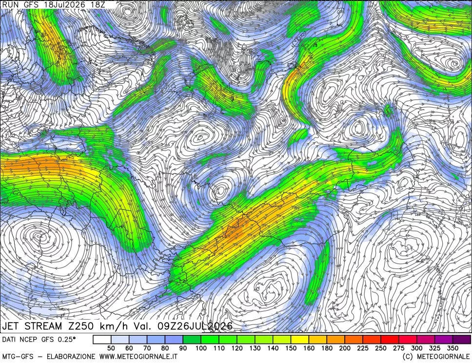 mappa 250 hPa Jet stream