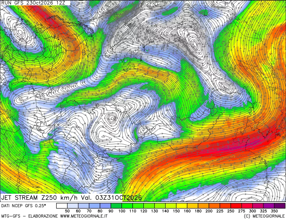 mappa 250 hPa Jet stream