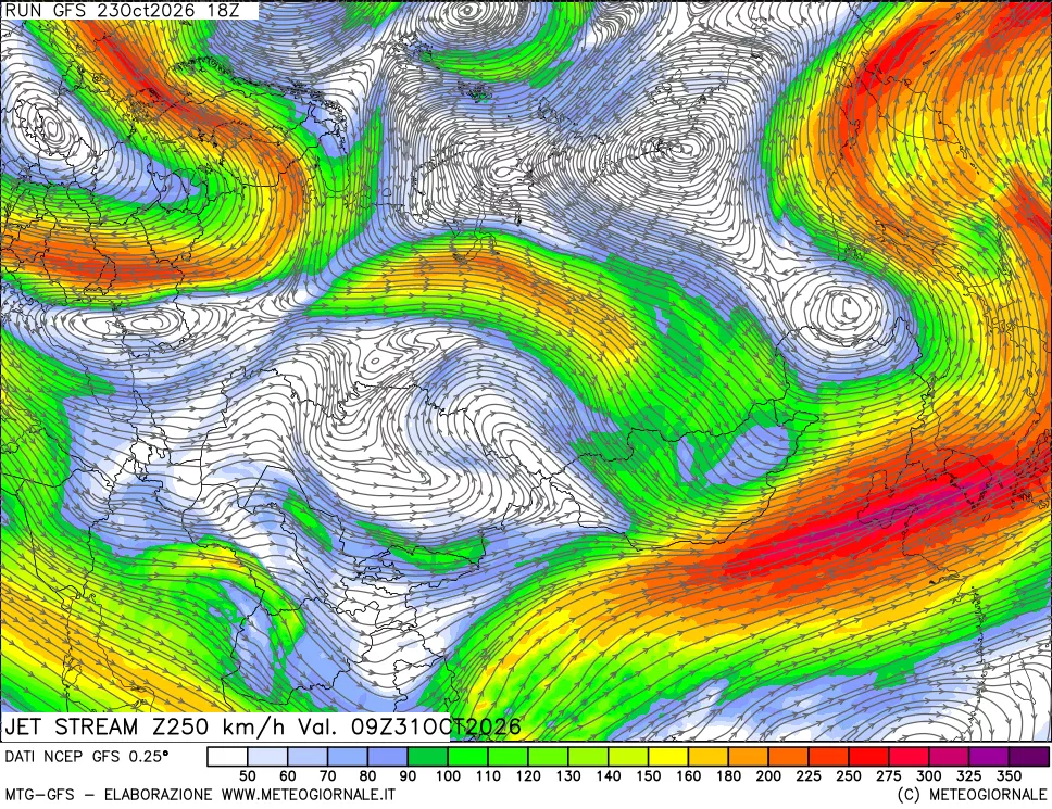 mappa 250 hPa Jet stream
