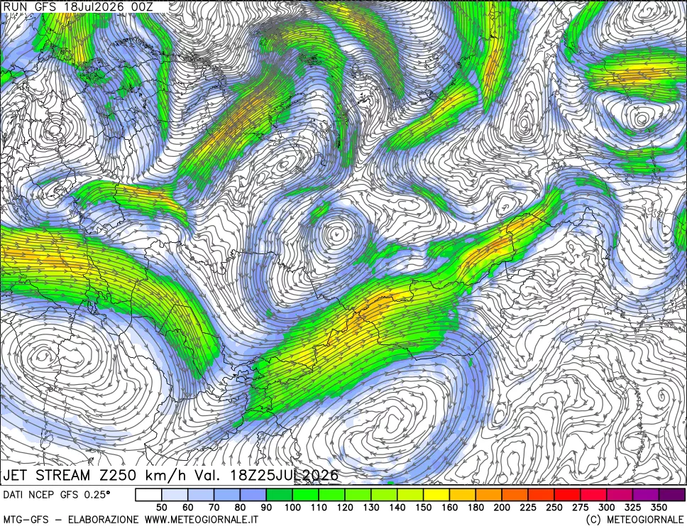 mappa 250 hPa Jet stream