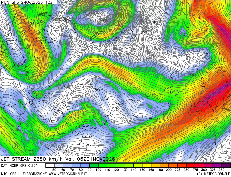 mappa 250 hPa Jet stream