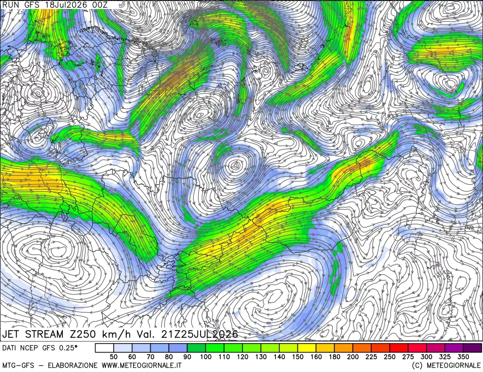 mappa 250 hPa Jet stream