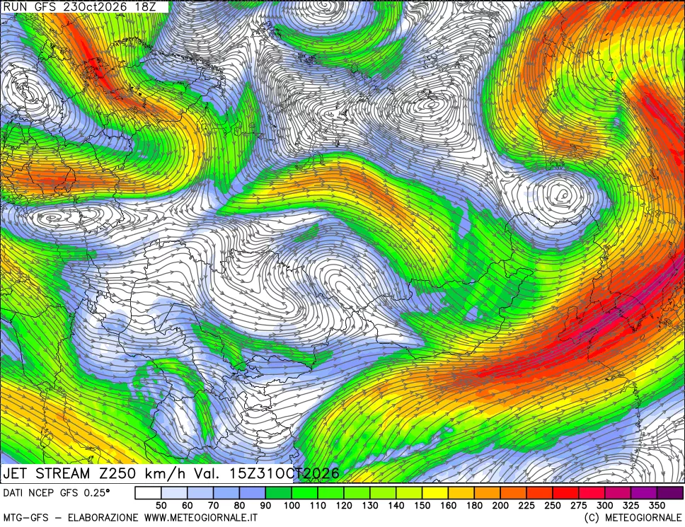 mappa 250 hPa Jet stream
