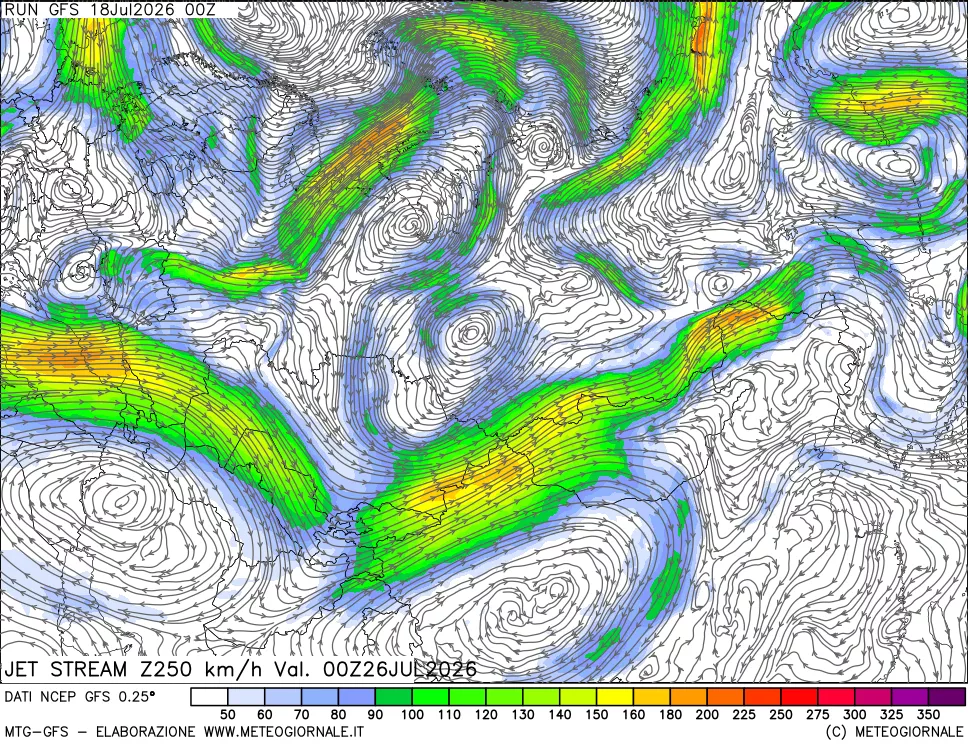 mappa 250 hPa Jet stream