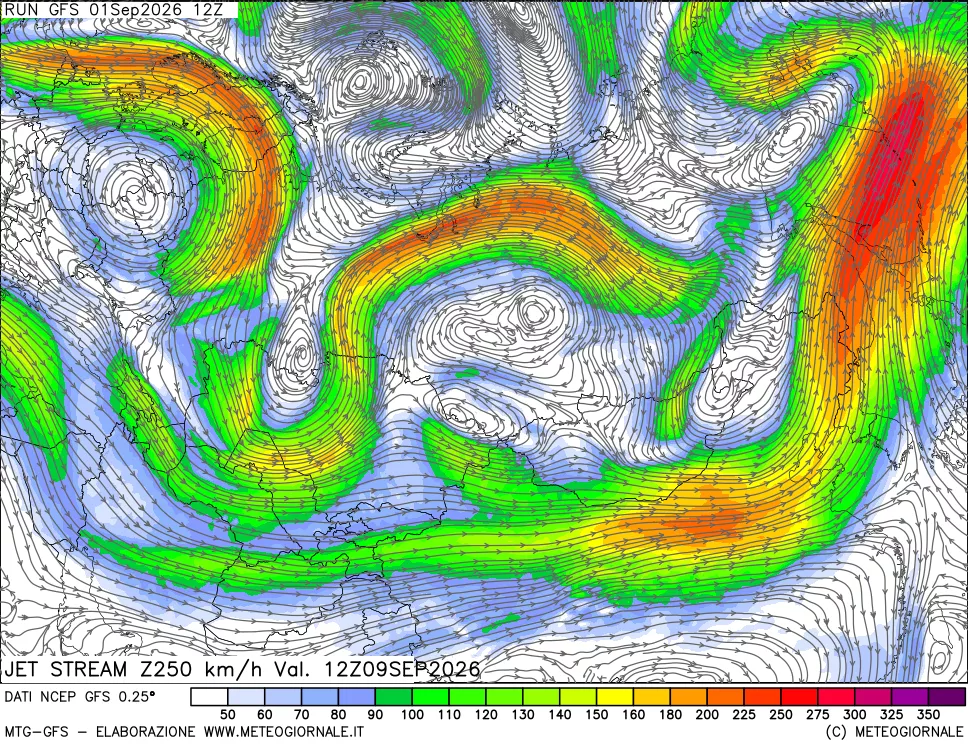 mappa 250 hPa Jet stream