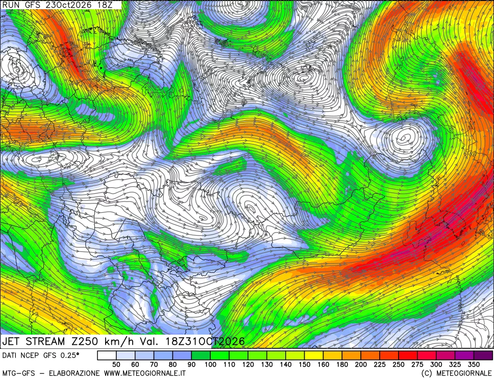 mappa 250 hPa Jet stream