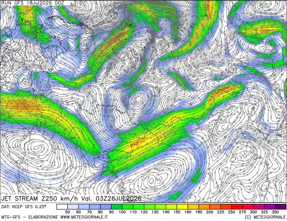 mappa 250 hPa Jet stream