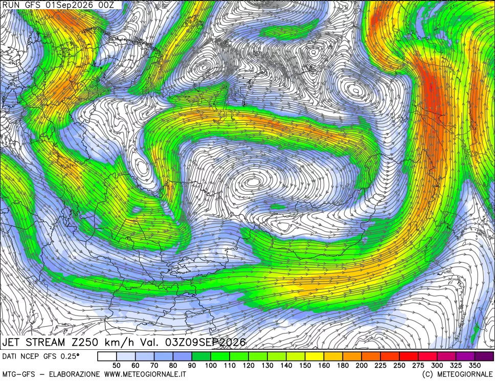 mappa 250 hPa Jet stream