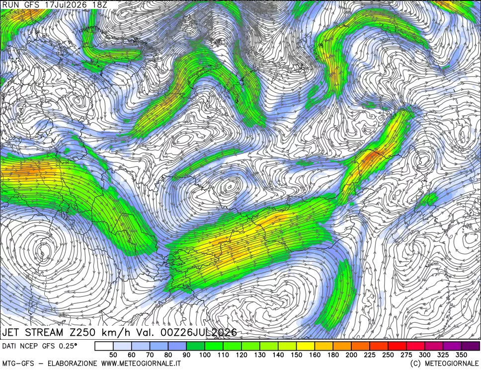 mappa 250 hPa Jet stream