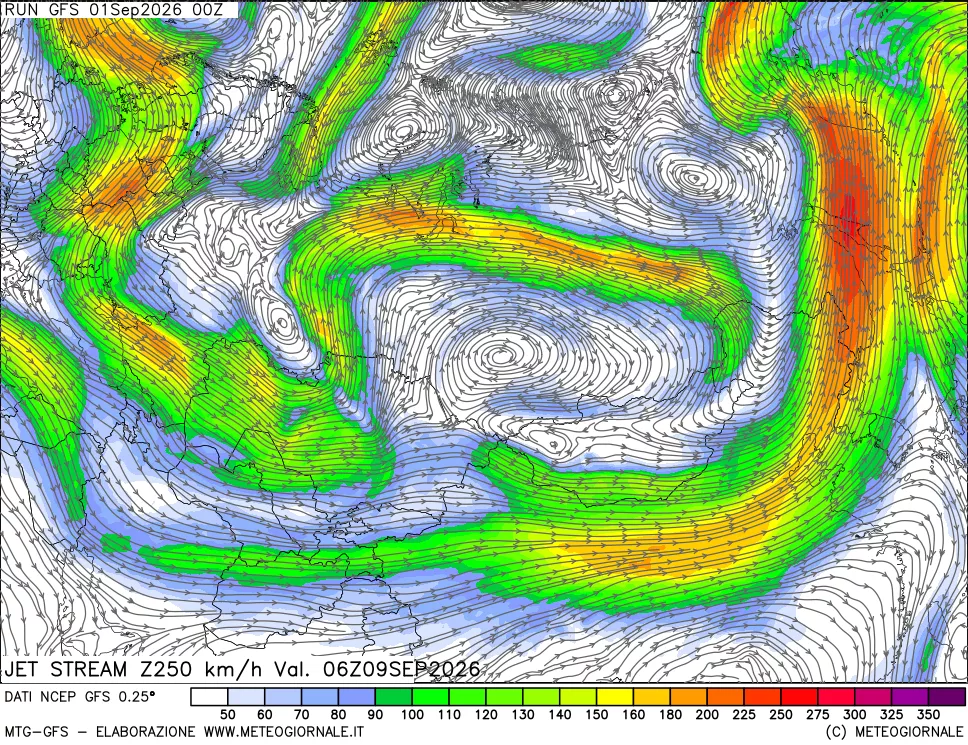 mappa 250 hPa Jet stream