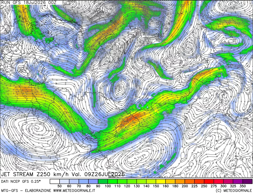 mappa 250 hPa Jet stream