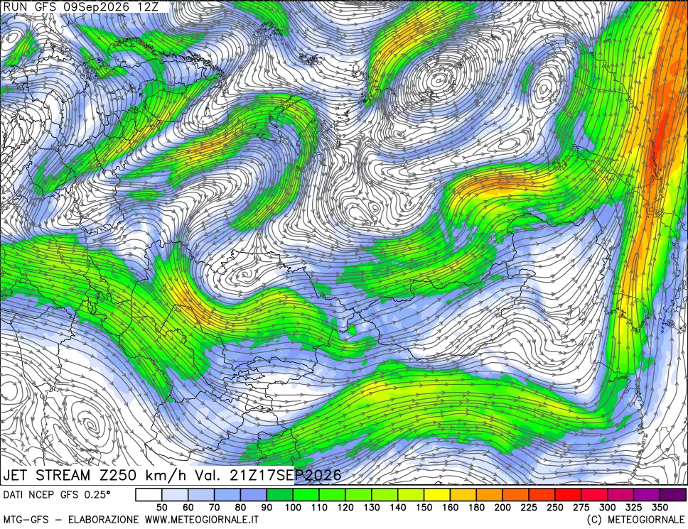 mappa 250 hPa Jet stream