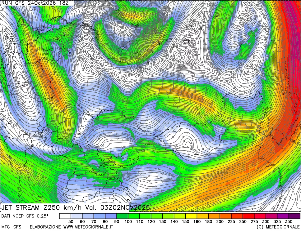 mappa 250 hPa Jet stream