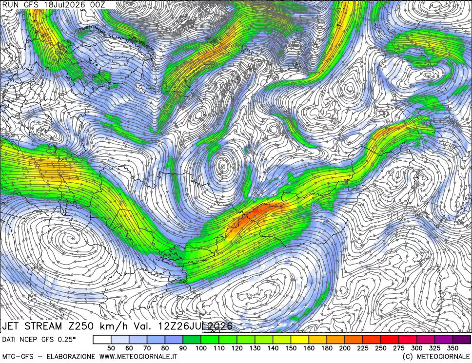mappa 250 hPa Jet stream
