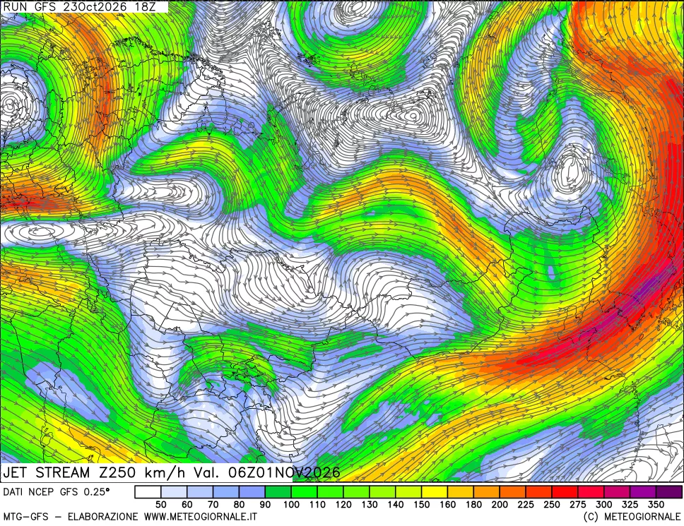 mappa 250 hPa Jet stream