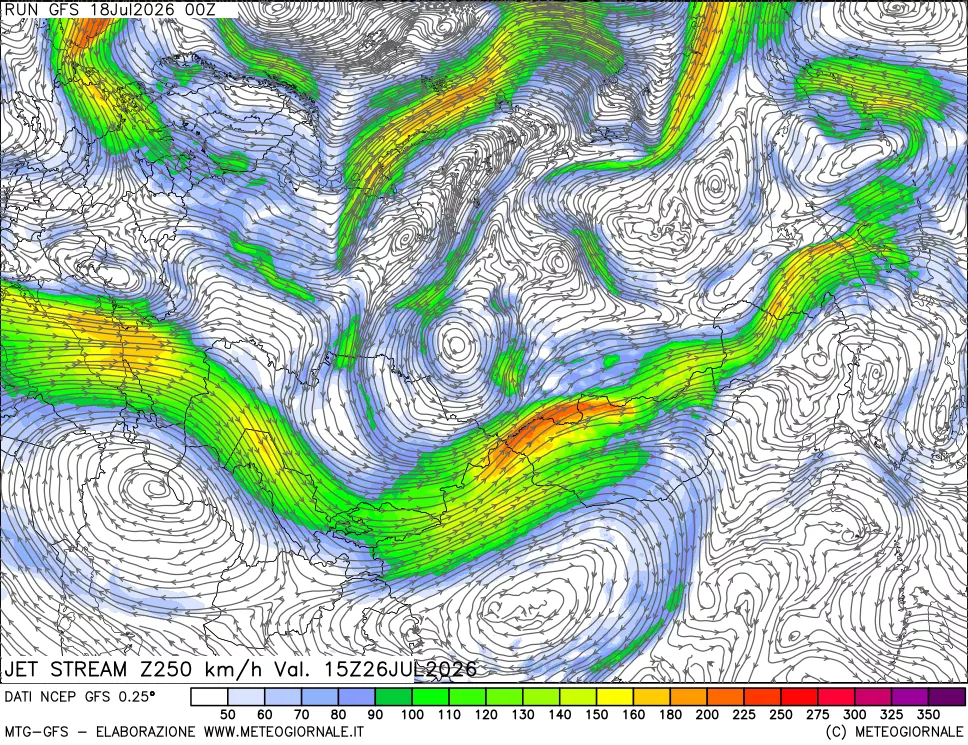 mappa 250 hPa Jet stream
