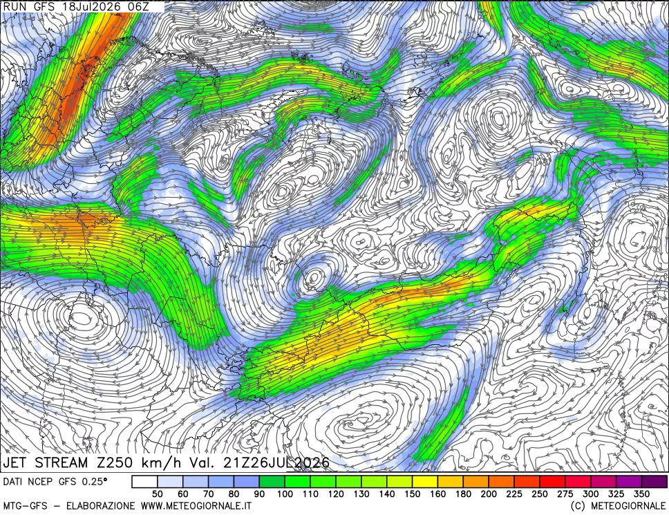 mappa 250 hPa Jet stream