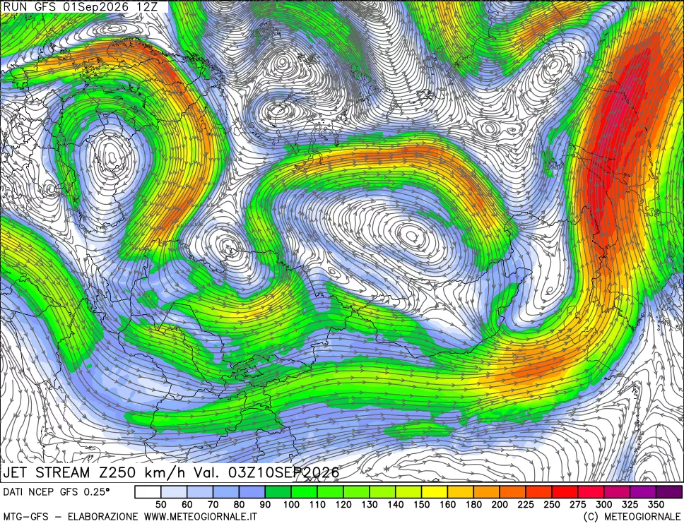 mappa 250 hPa Jet stream