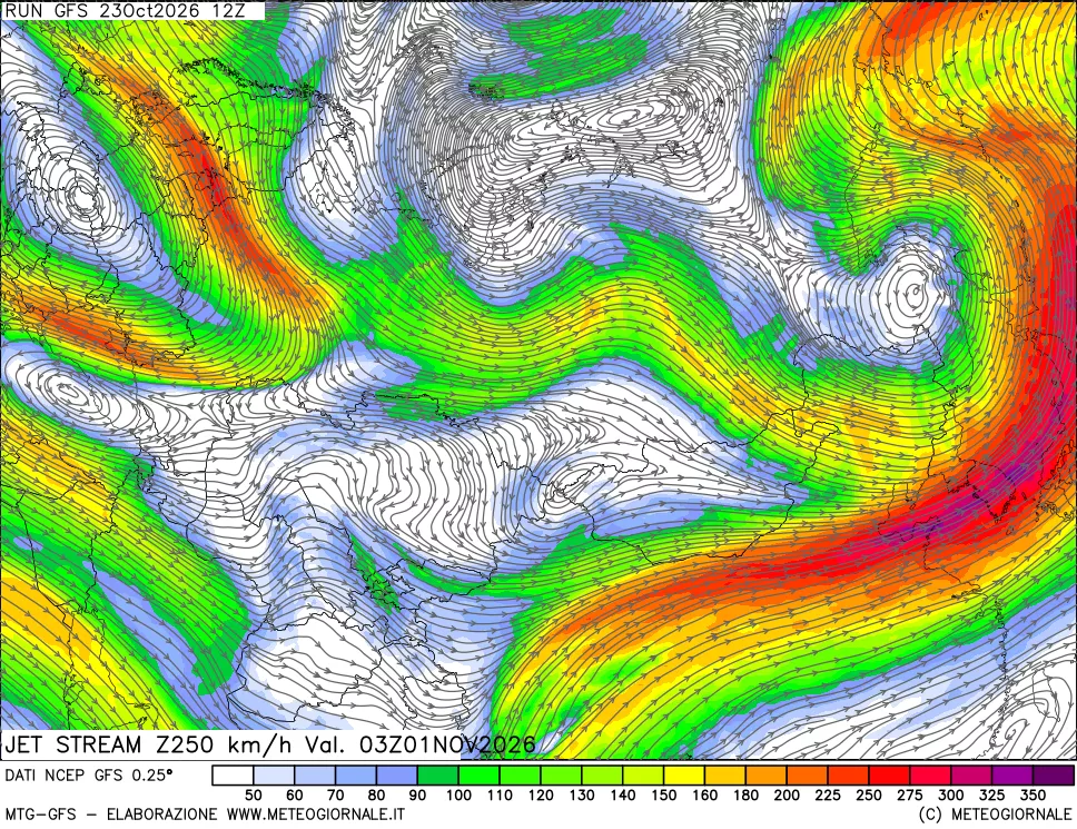 mappa 250 hPa Jet stream