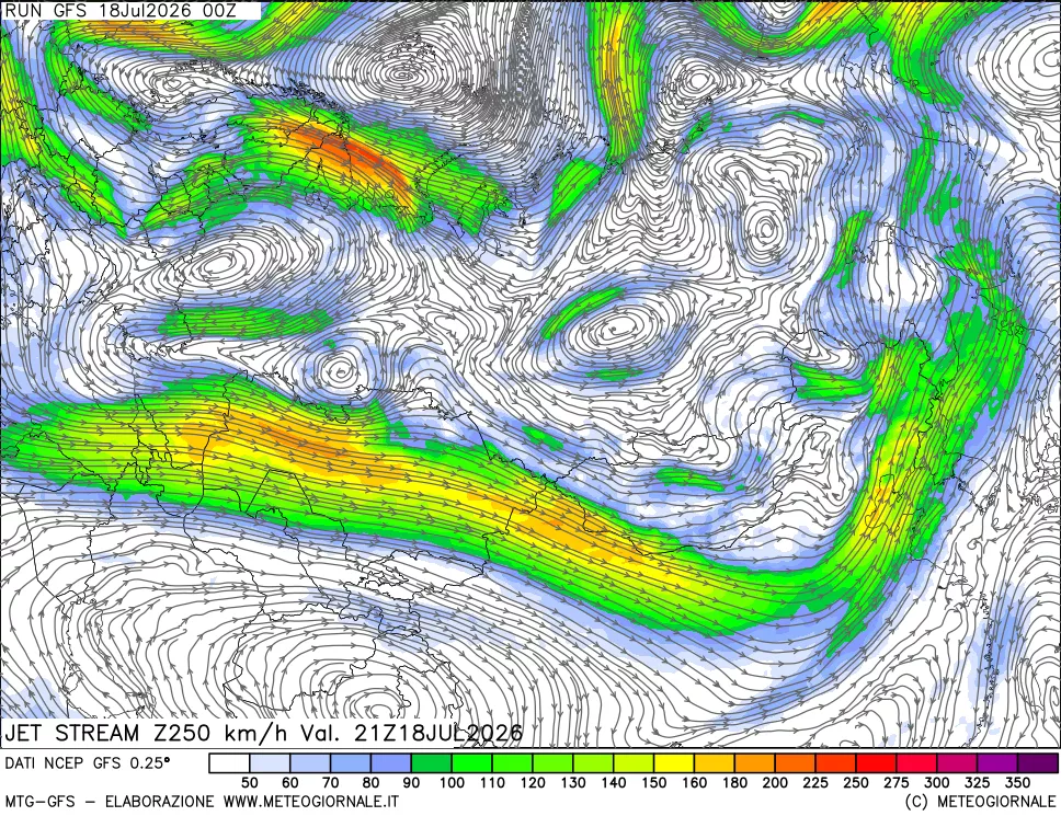 mappa 250 hPa Jet stream