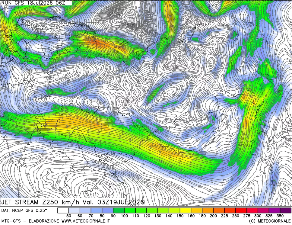 mappa 250 hPa Jet stream
