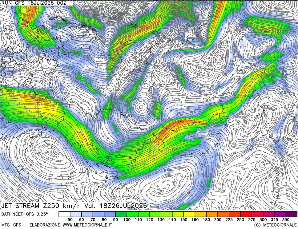 mappa 250 hPa Jet stream
