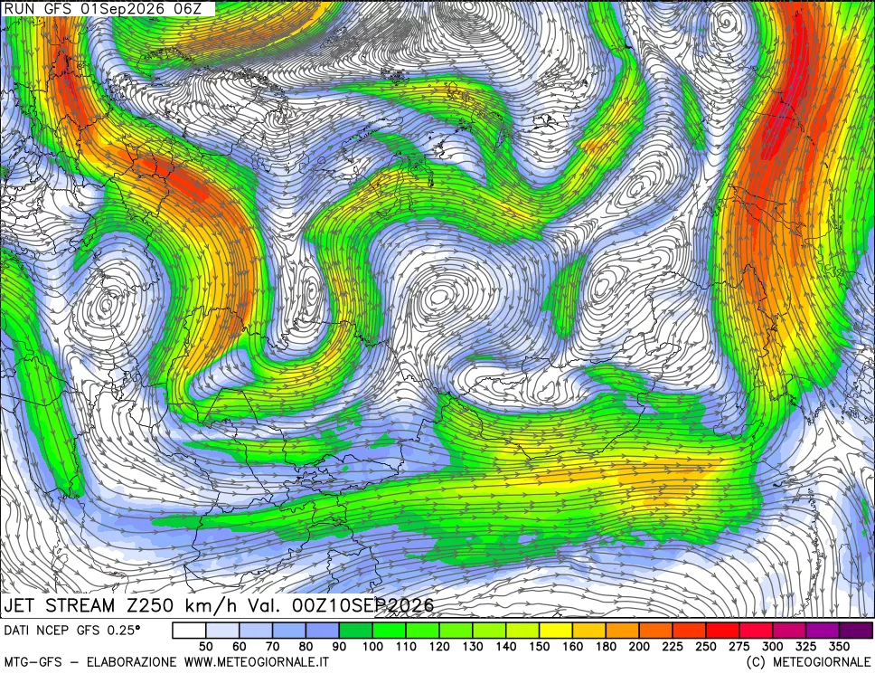 mappa 250 hPa Jet stream