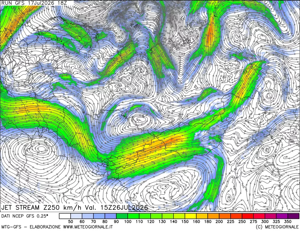 mappa 250 hPa Jet stream