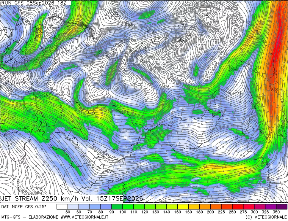 mappa 250 hPa Jet stream