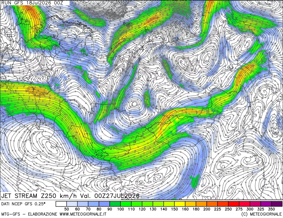 mappa 250 hPa Jet stream