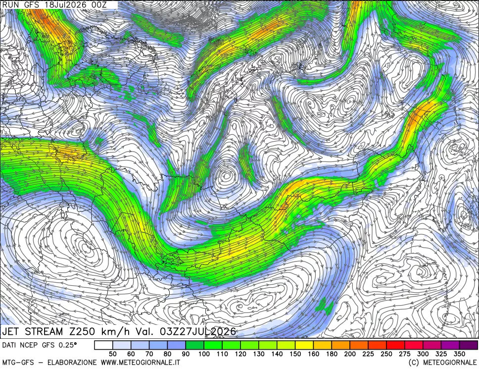 mappa 250 hPa Jet stream