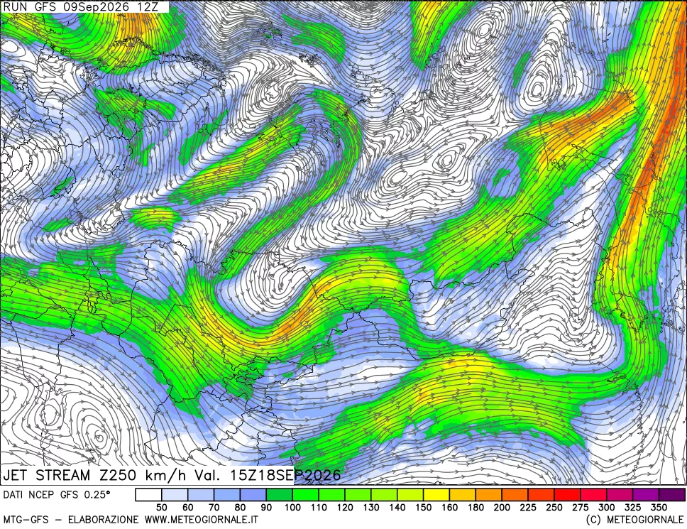 mappa 250 hPa Jet stream