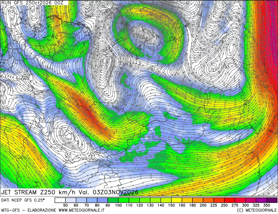 mappa 250 hPa Jet stream