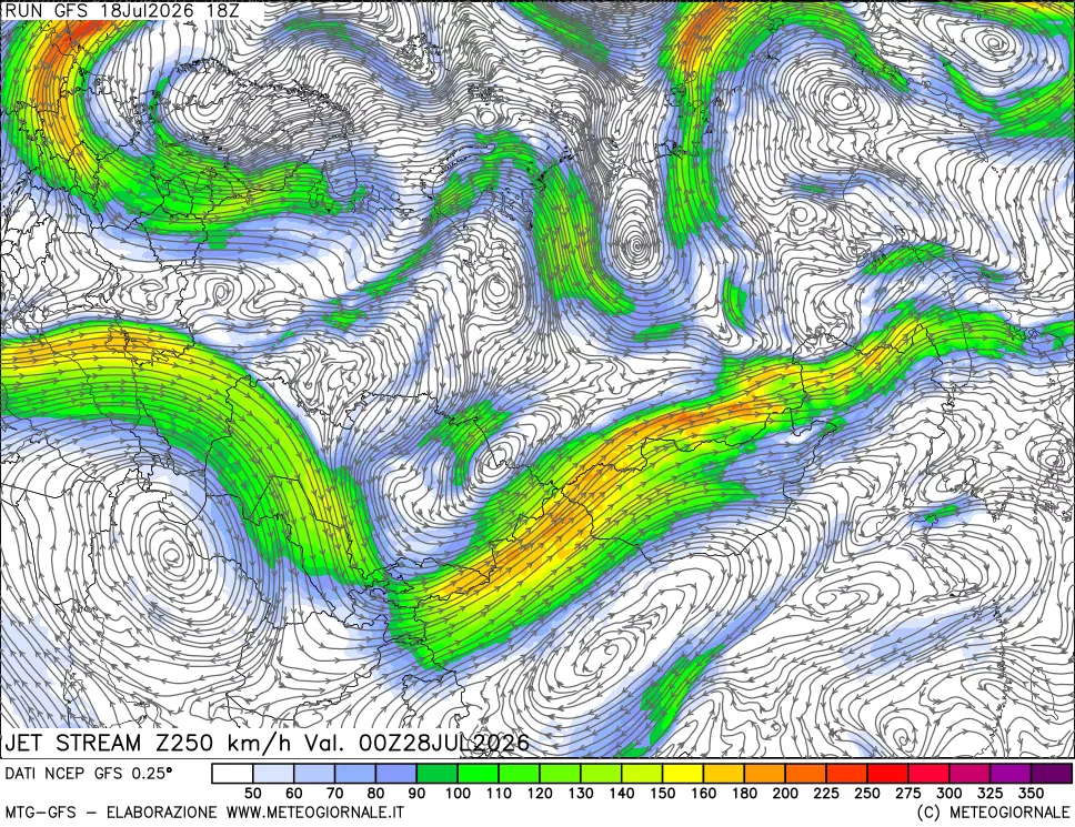 mappa 250 hPa Jet stream