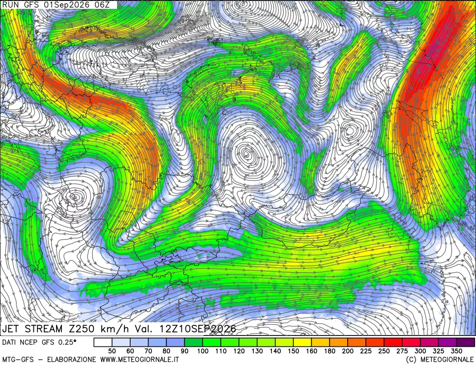 mappa 250 hPa Jet stream